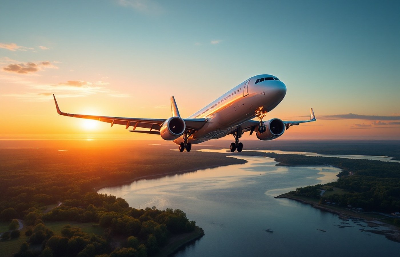 Airliner climbing over the Cape Fear coastline at sunset