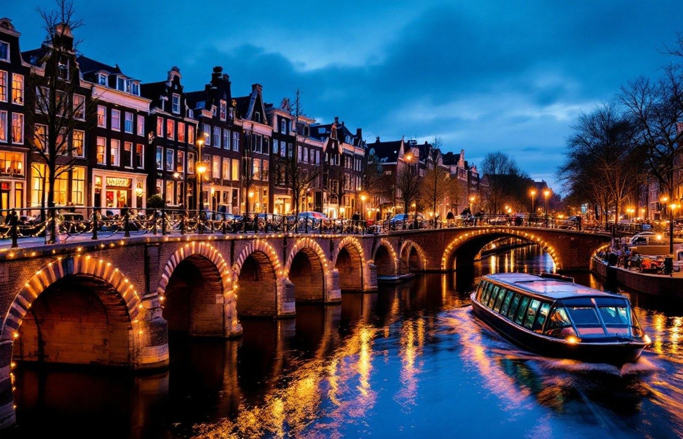 Canal cruise past Amsterdam's illuminated merchant houses