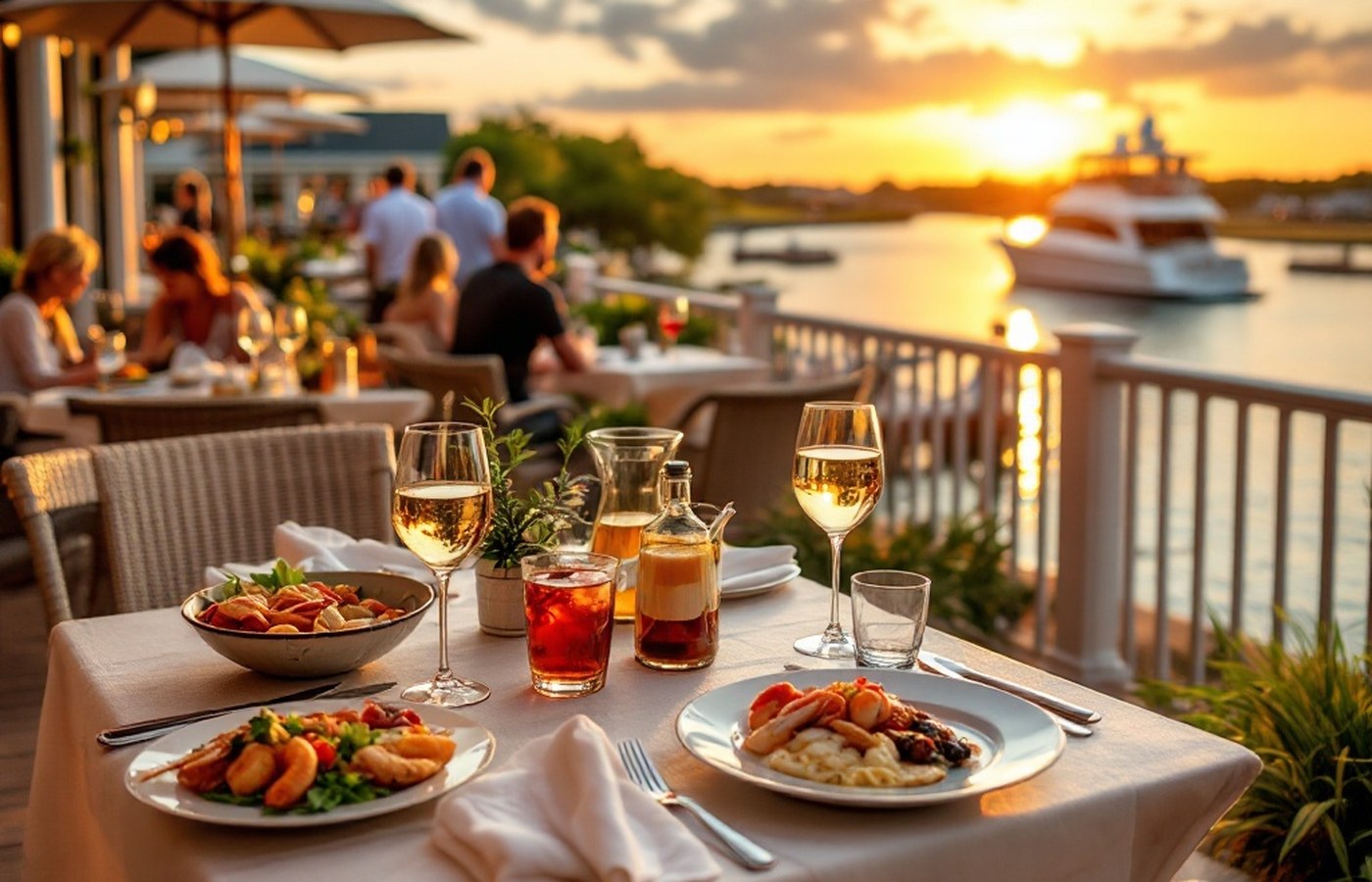 Riverside dining terrace in Wilmington at golden hour