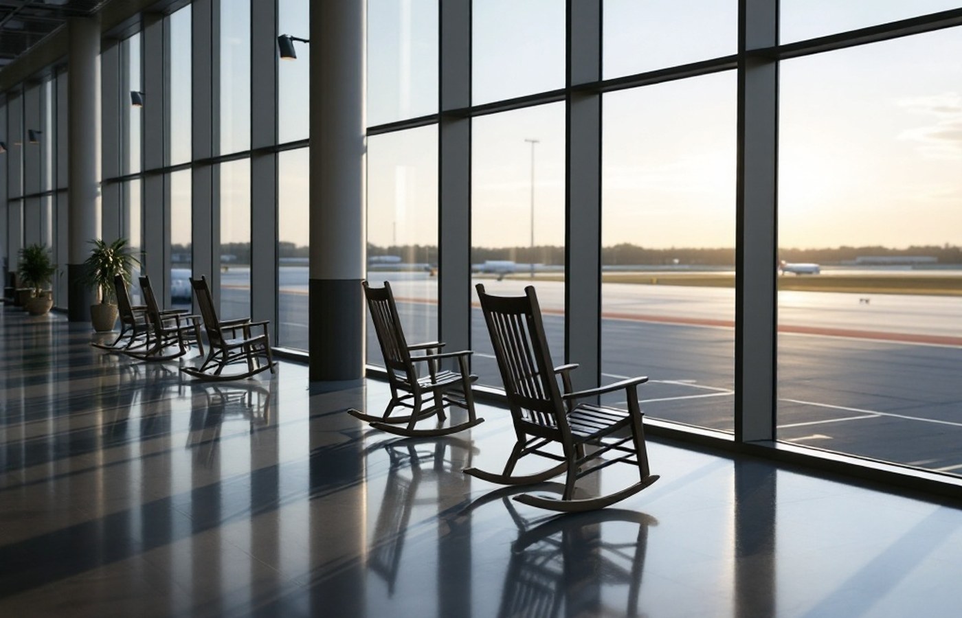 Rocking chairs by the terminal windows at ILM