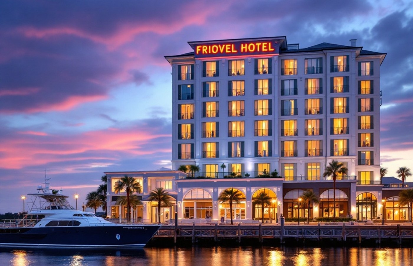 Riverfront hotel in Wilmington at dusk