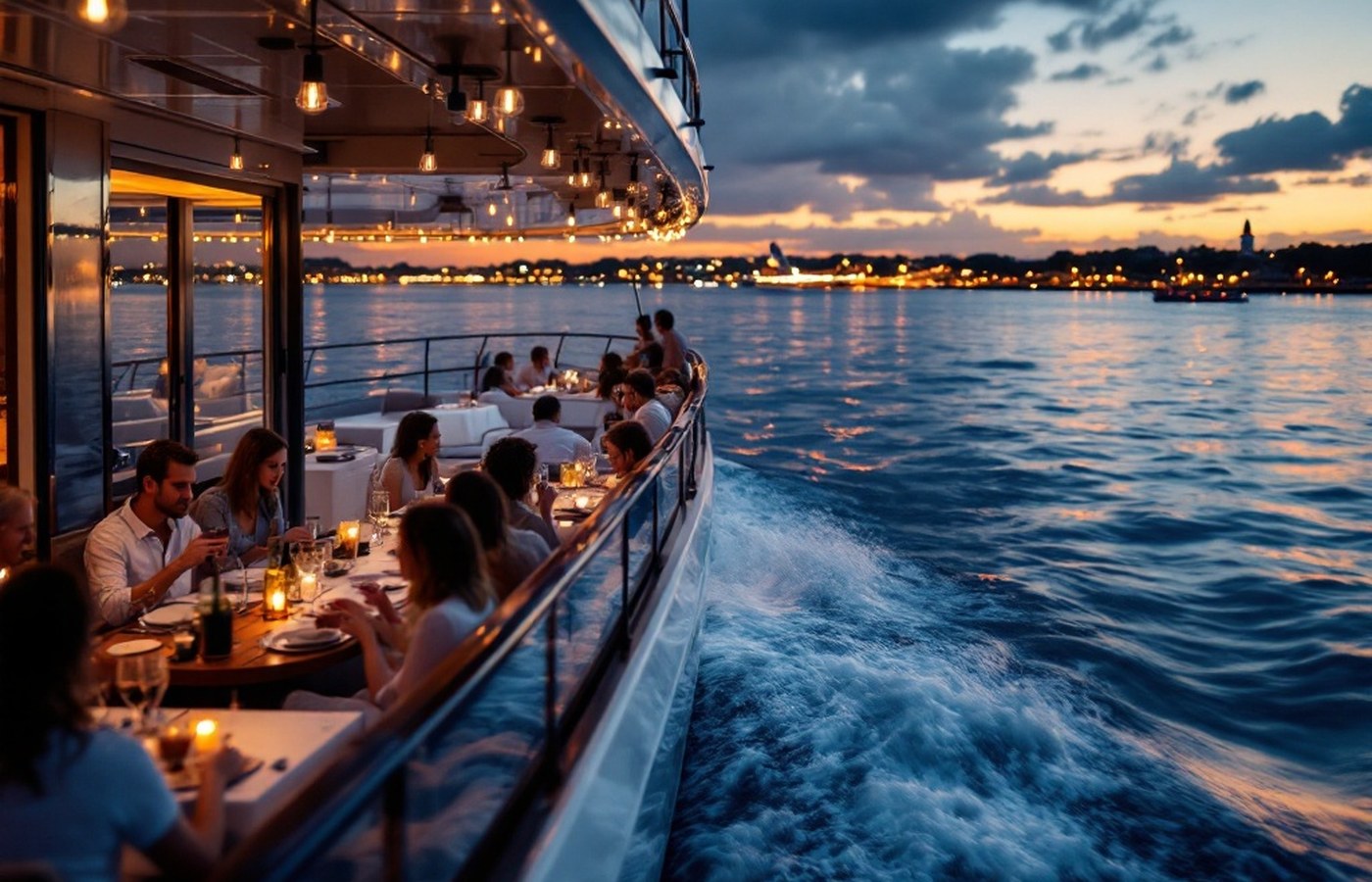 An elegant dinner aboard a yacht on the Cape Fear River