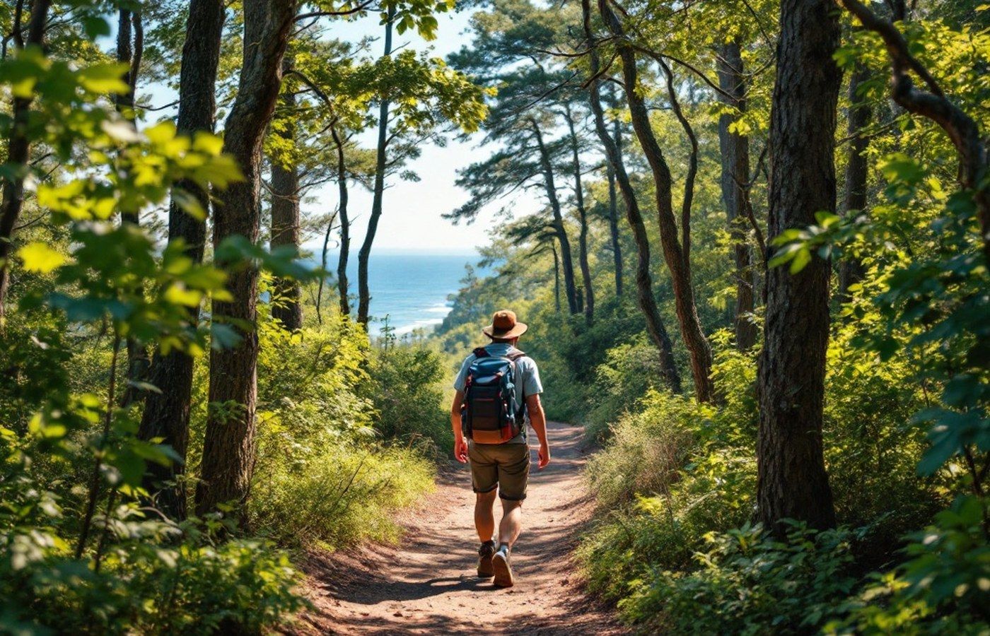 Hiking trail through coastal woodland