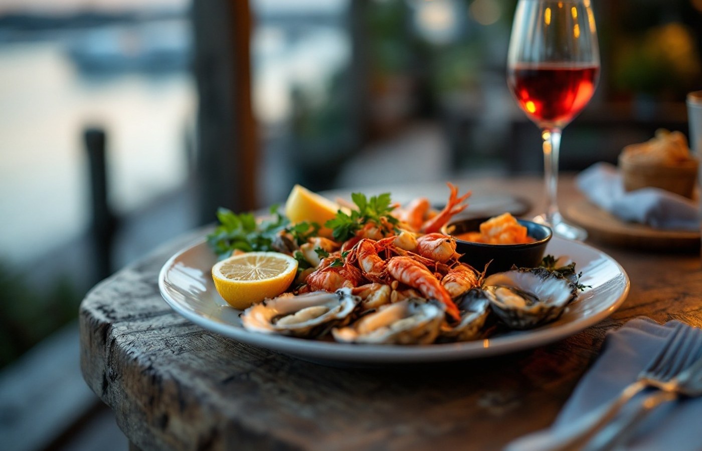 Fresh seafood on a riverside restaurant terrace