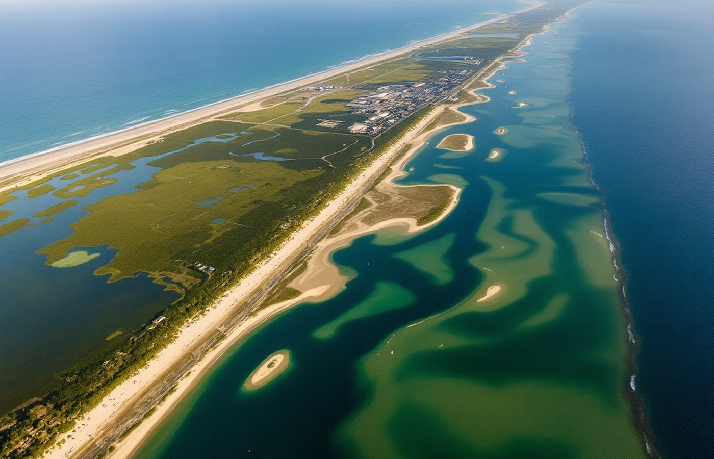 Aerial view of Cape Fear where the river meets the Atlantic
